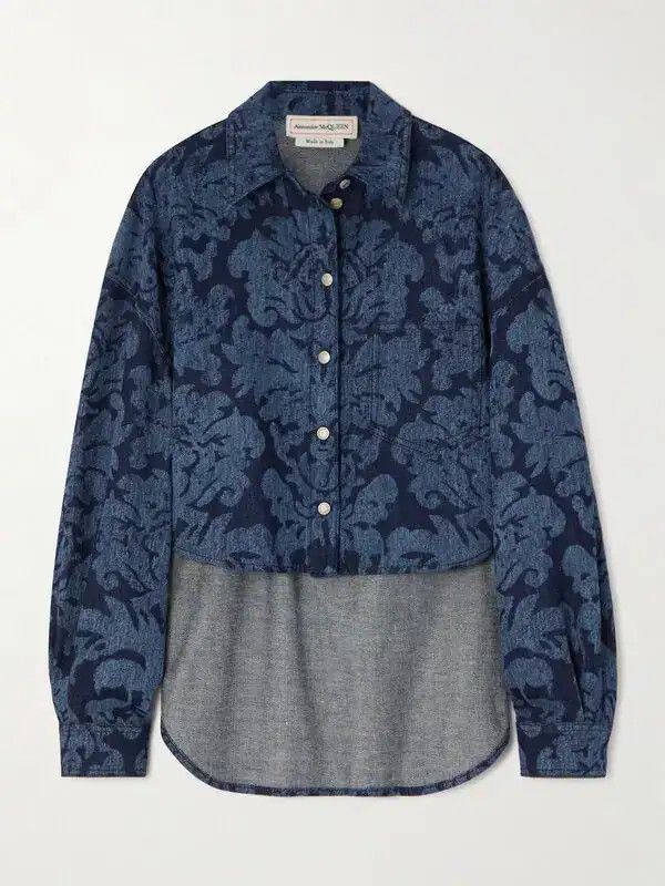 Alexander McQueen o1srvl11e0226 Damask Asymmetric Denim Shirt In Blue Size S / US 4 / IT 40 - 1 Preview