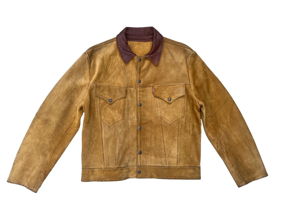 image of VTG Aero Leather Dirty Patina Suede Leather Trucker Jacket, Men's (Size Large)