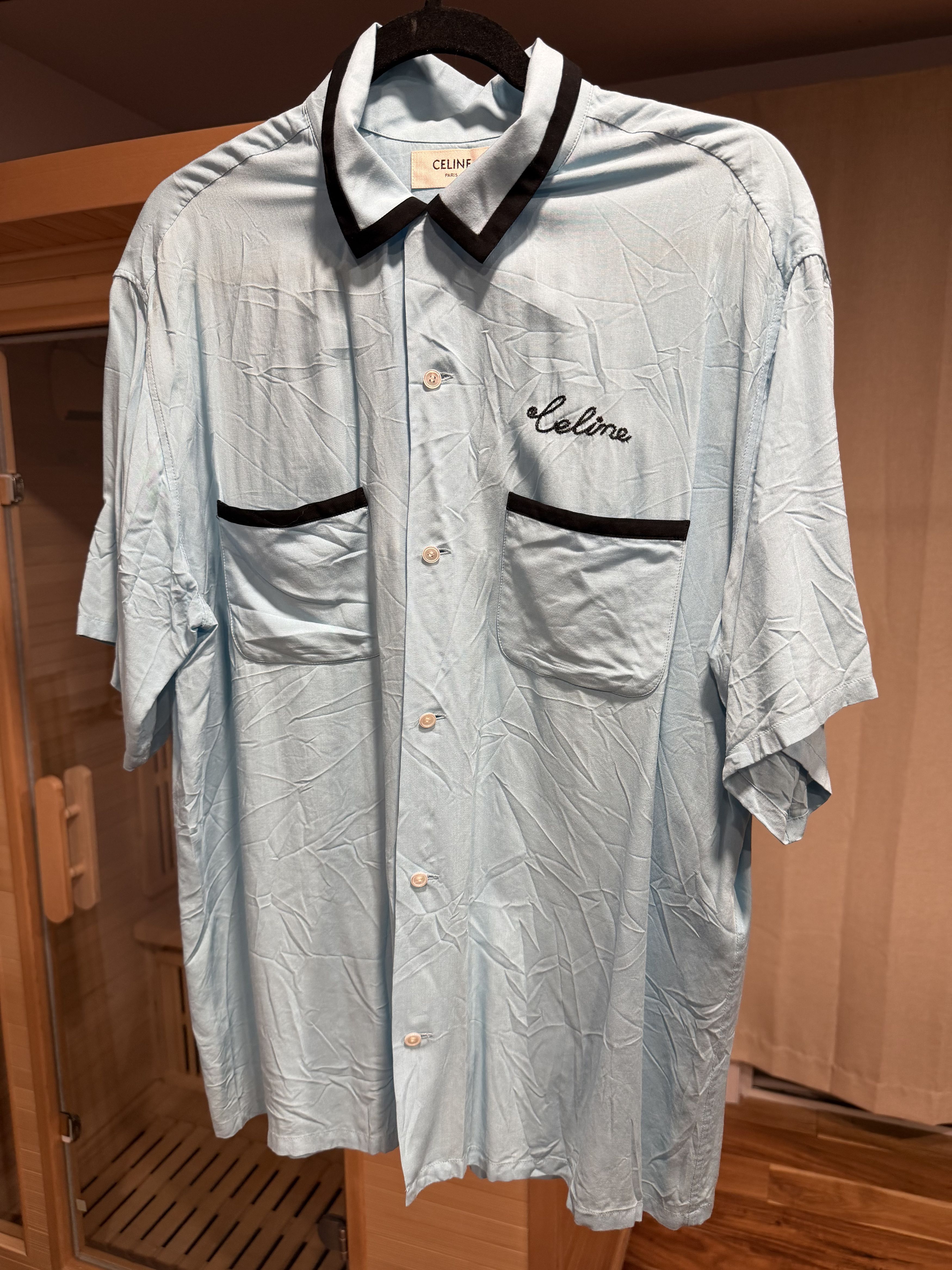 Celine CELINE Light Blue Bowling Shirt w/ Black Piping – Size 40