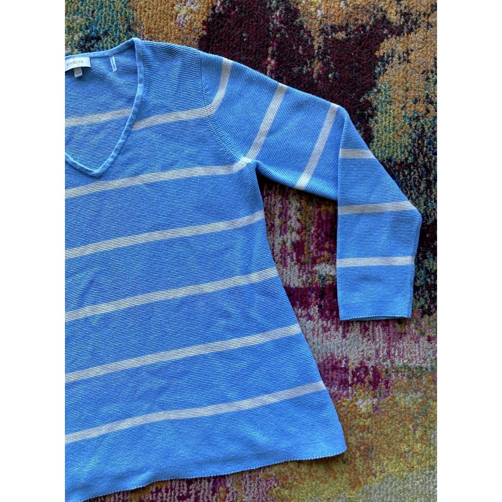 Vintage Kinross Women Sweater V-Neck Striped Light Blue Cotton Medium Pullover Knit Blue Womens M Size M / US 6-8 / IT 42-44 - 3 Thumbnail