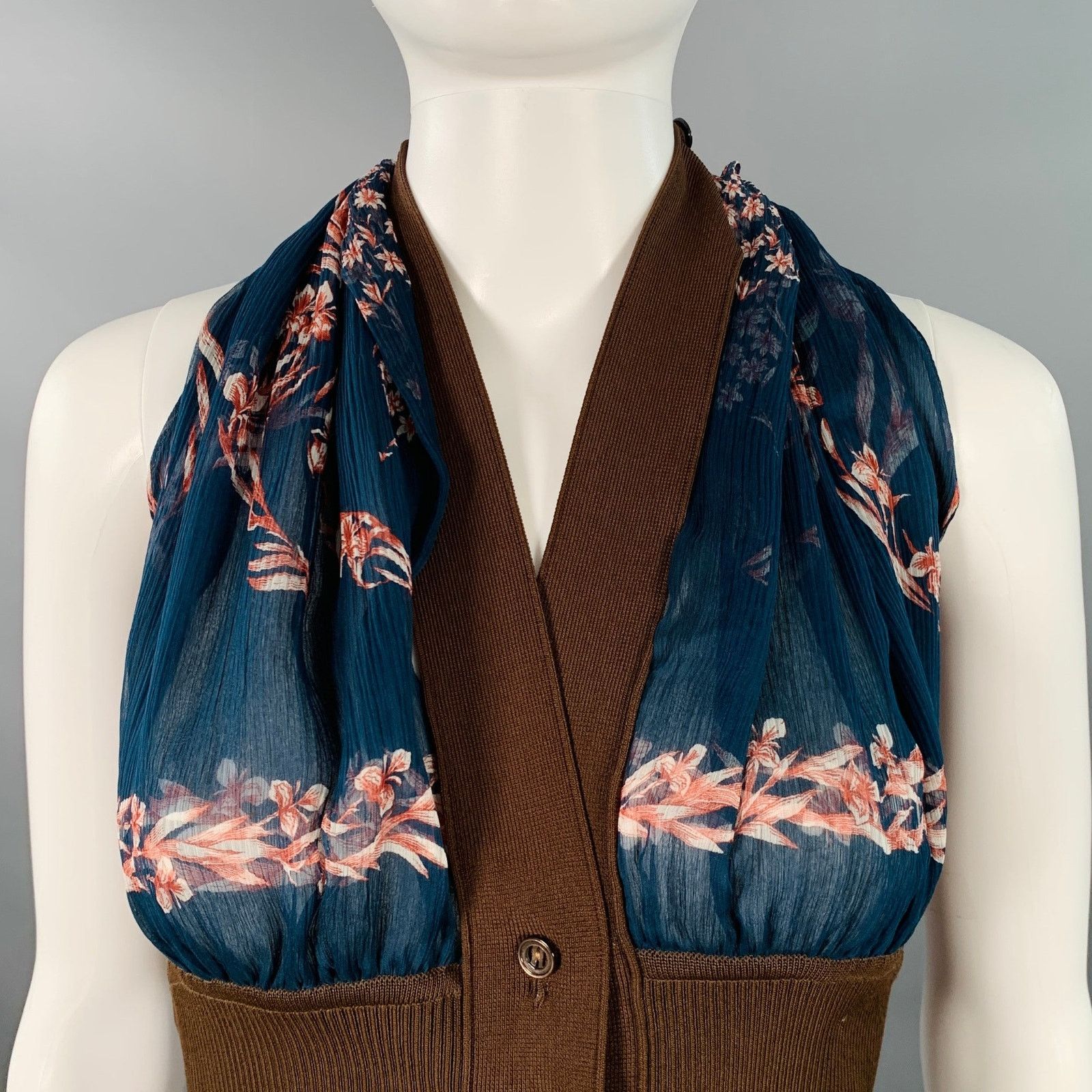 Hermes Brown Cobalt Viscose Blend Silk Scarf Halter Dress Top Size S / US 4 / IT 40 - 2 Thumbnail