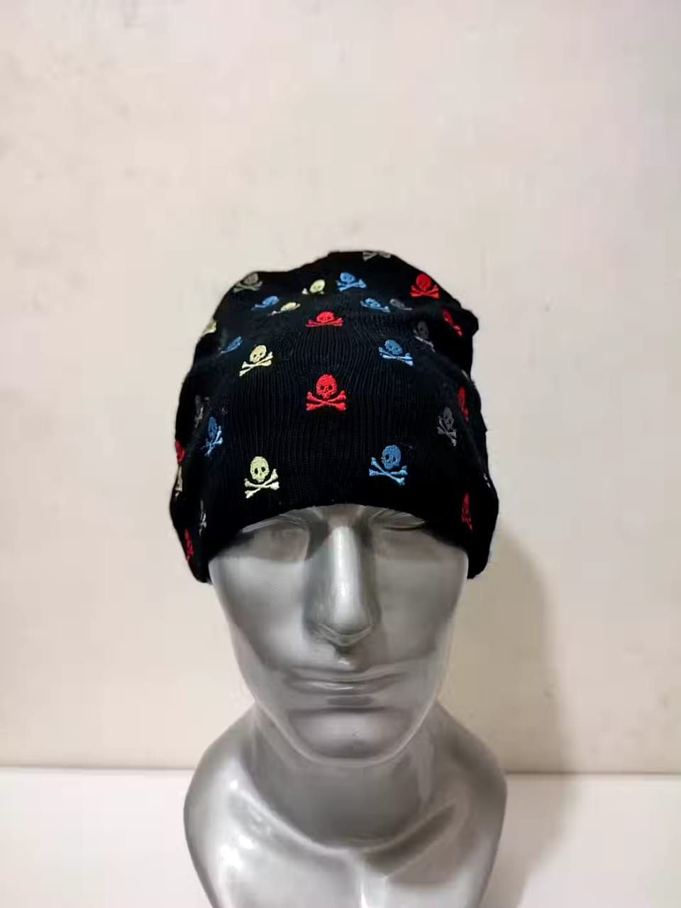image of D873 Multicolour Embroidery Skull Beanie Punk Rock Bondage in Black, Men's