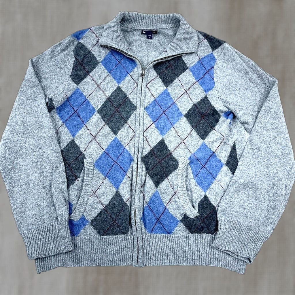 Gap Gap Cardigan Sweater Men Large Gray Diamond Argyle Full Zip Golf Knit 100% Cotton Nylon Wool Reversible All Seasons Size US L / EU 52-54 / 3 - 1 Thumbnail