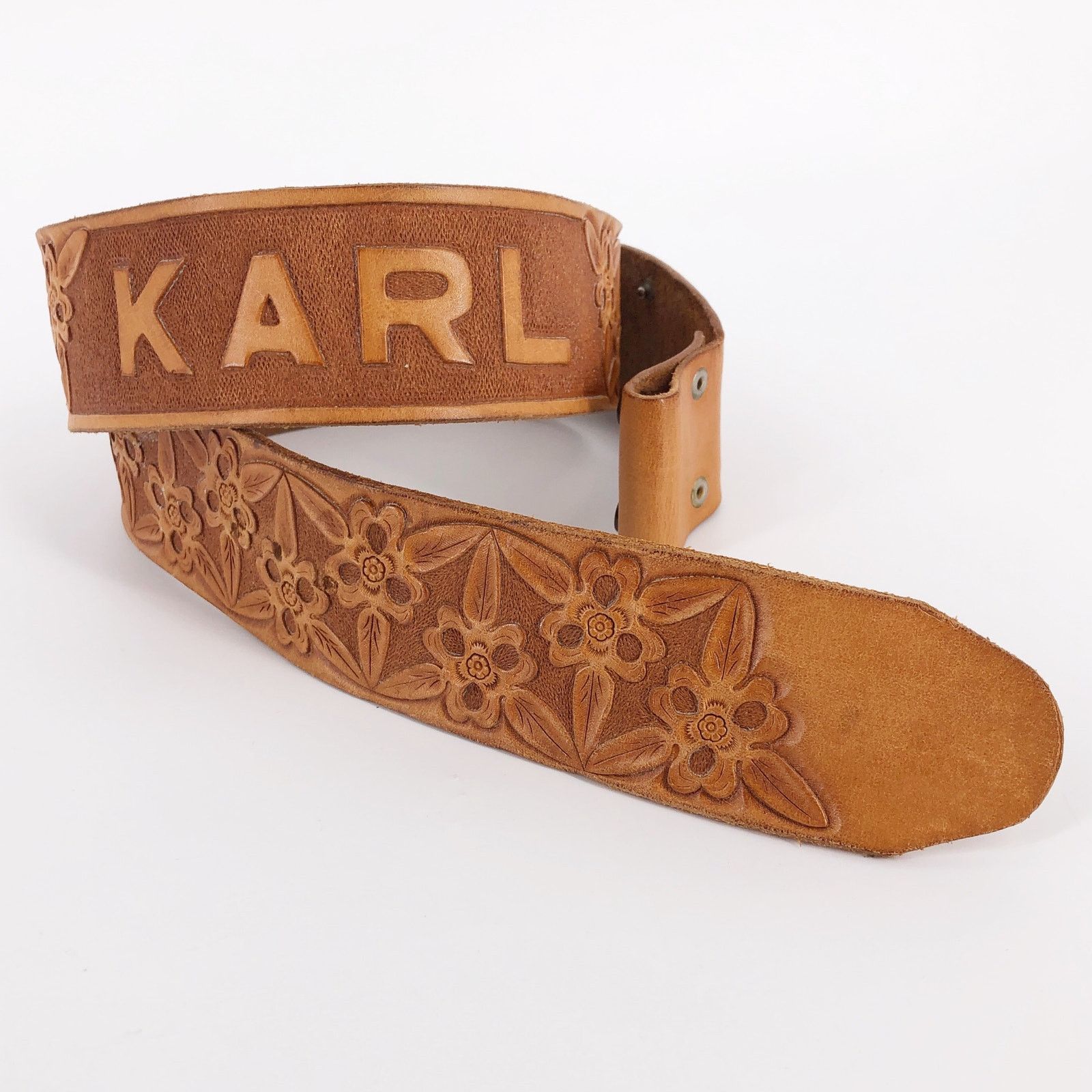 Other floral tooled wide leather belt personalized with Karl Size 34 - 2 Thumbnail