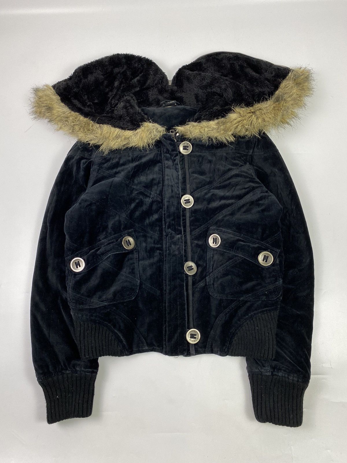 ジャケット・アウター Vkei Black fur jacket Japanese Clear Black Fur Puffer Jacket Vkei Style