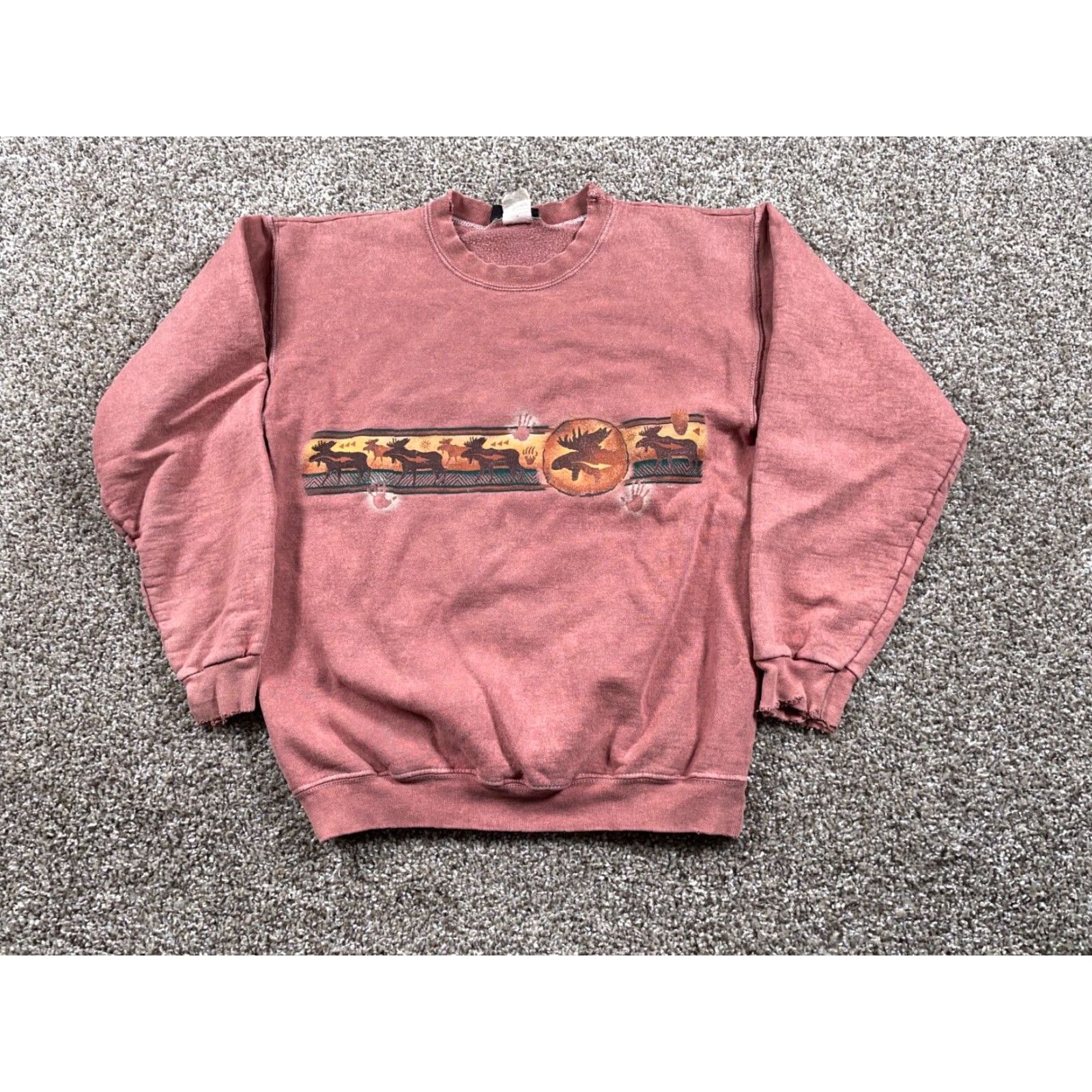 Vintage VINTAGE Stone Aged Rock Wear Sweatshirt Crew Neck Red Tie Dye Moose Print Adult Small Distressed Long Sleeve Pullover Cotton Polyester Cotton Blend Size US S / EU 44-46 / 1 - 2 Thumbnail