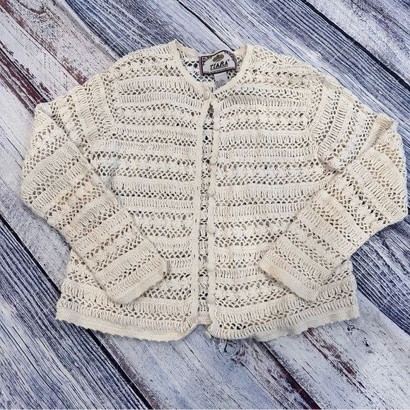 Other Vintage Tiara International Crochet Knit Cardigan Size L / US 10 / IT 46 - 2 Thumbnail