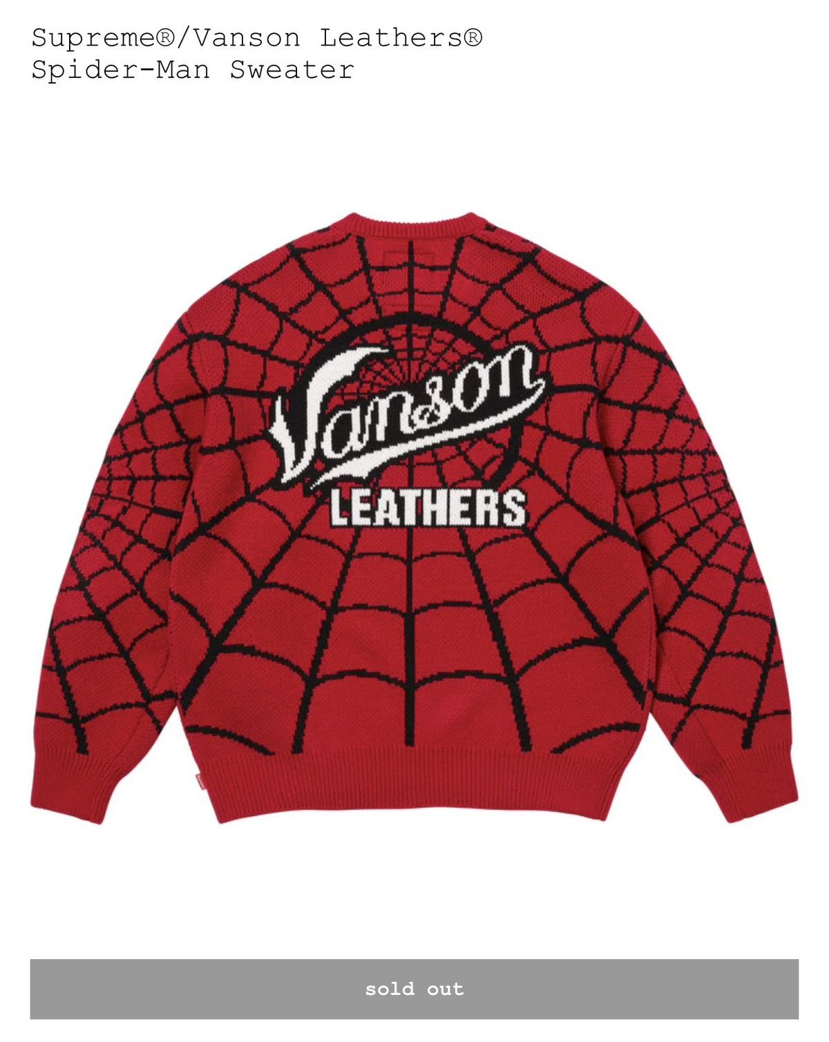 Supreme × Vanson Leathers Supreme®/Vanson Leathers® Spider-Man Sweater Size US M / EU 48-50 / 2 - 4 Thumbnail