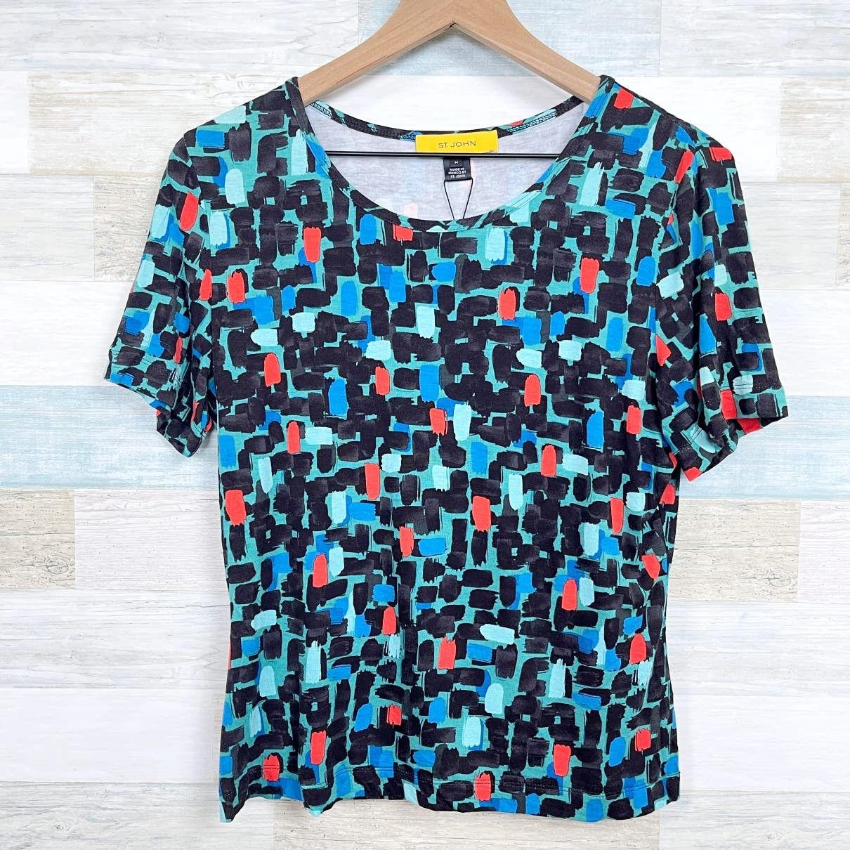 image of St John Brushstroke Jersey Top Black Green Womens M (Size Medium)
