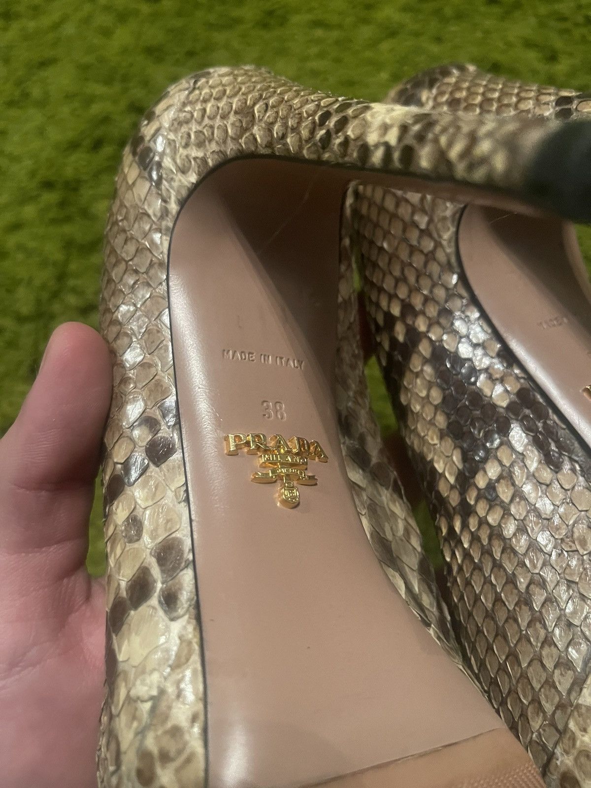Designer × Prada Prada real phyton snakeskin open toe heels pumps Size US 8 / IT 38 - 6 Thumbnail