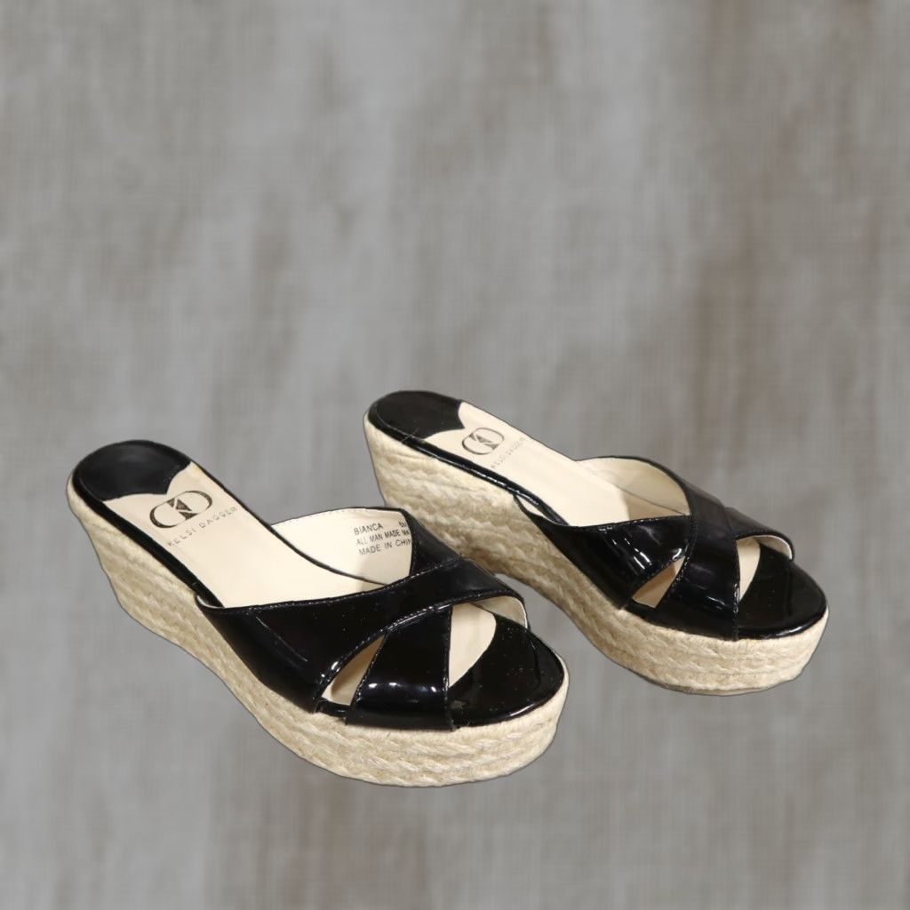 Vintage KELSI DAGGER BIANCA Black Rope Wedge Slide Sandals Size 8.5M Casual Womens Size US 8.5 / IT 38.5 - 1 Thumbnail