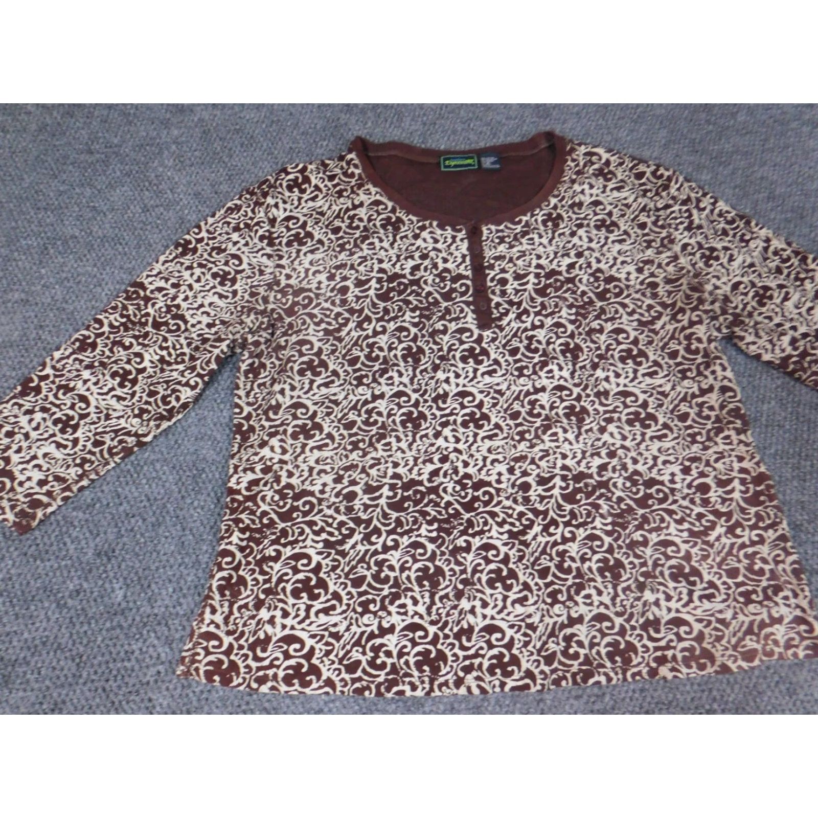 Vintage Southern Expressions Womens Blouse XL Pullover Crew Neck Long Sleeve Brown Geometric Cotton Polyester Rayon Ruffle Casual Regular Fit Vintage No N/A Size XL / US 12-14 / IT 48-50 - 3 Thumbnail