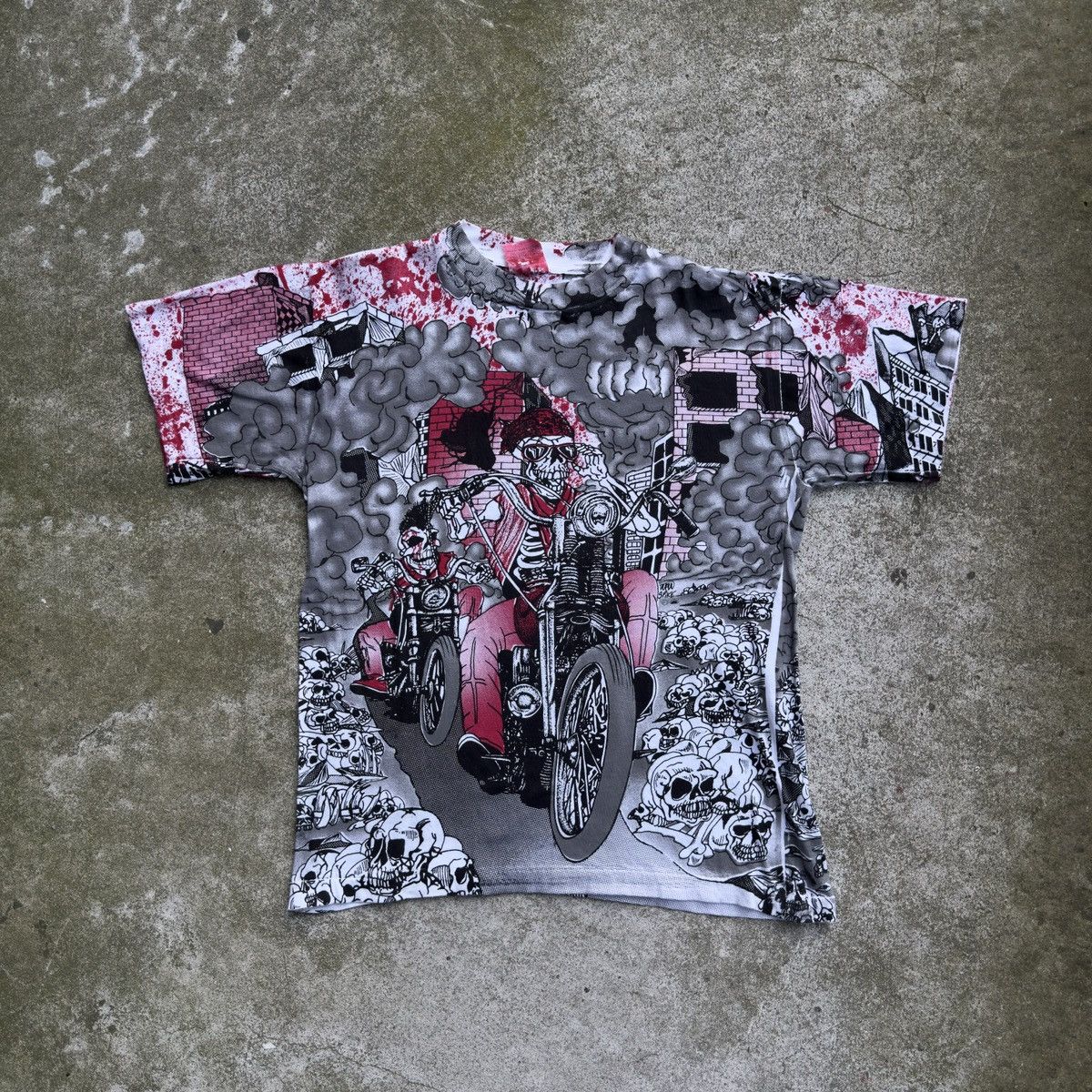 image of Vintage 1990S Skeleton Biker Flame All Over Print Tee in White, Men's (Size Small)