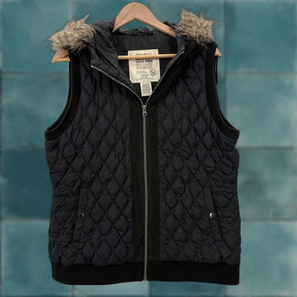 Eddie Bauer Eddie Bauer Vest Womens Large Black Goose Down Puffer Quilted Hood Fur Trim Zipper Size L / US 10 / IT 46 - 1 Thumbnail