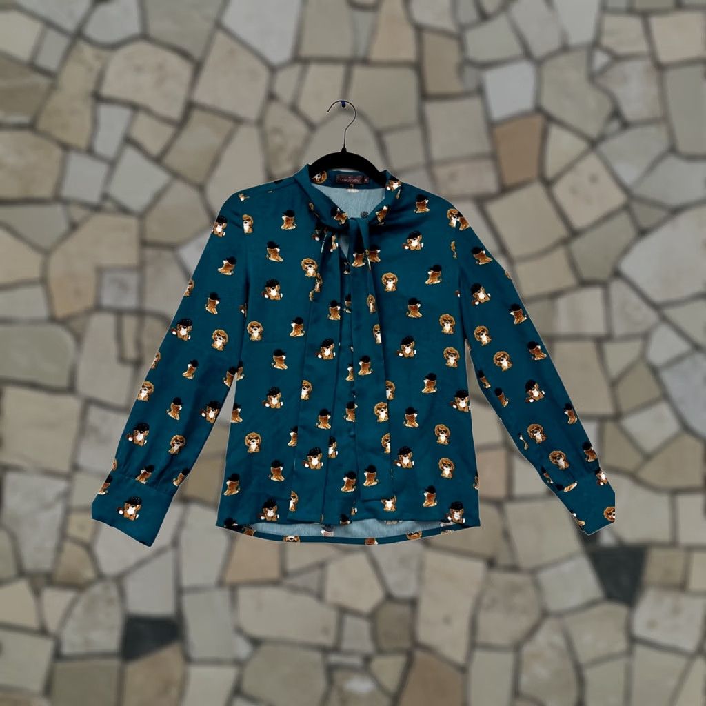 Altea Langsom Blouse Teal Poodle Print Bow Tie Womens Small Size S / US 4 / IT 40 - 1 Thumbnail