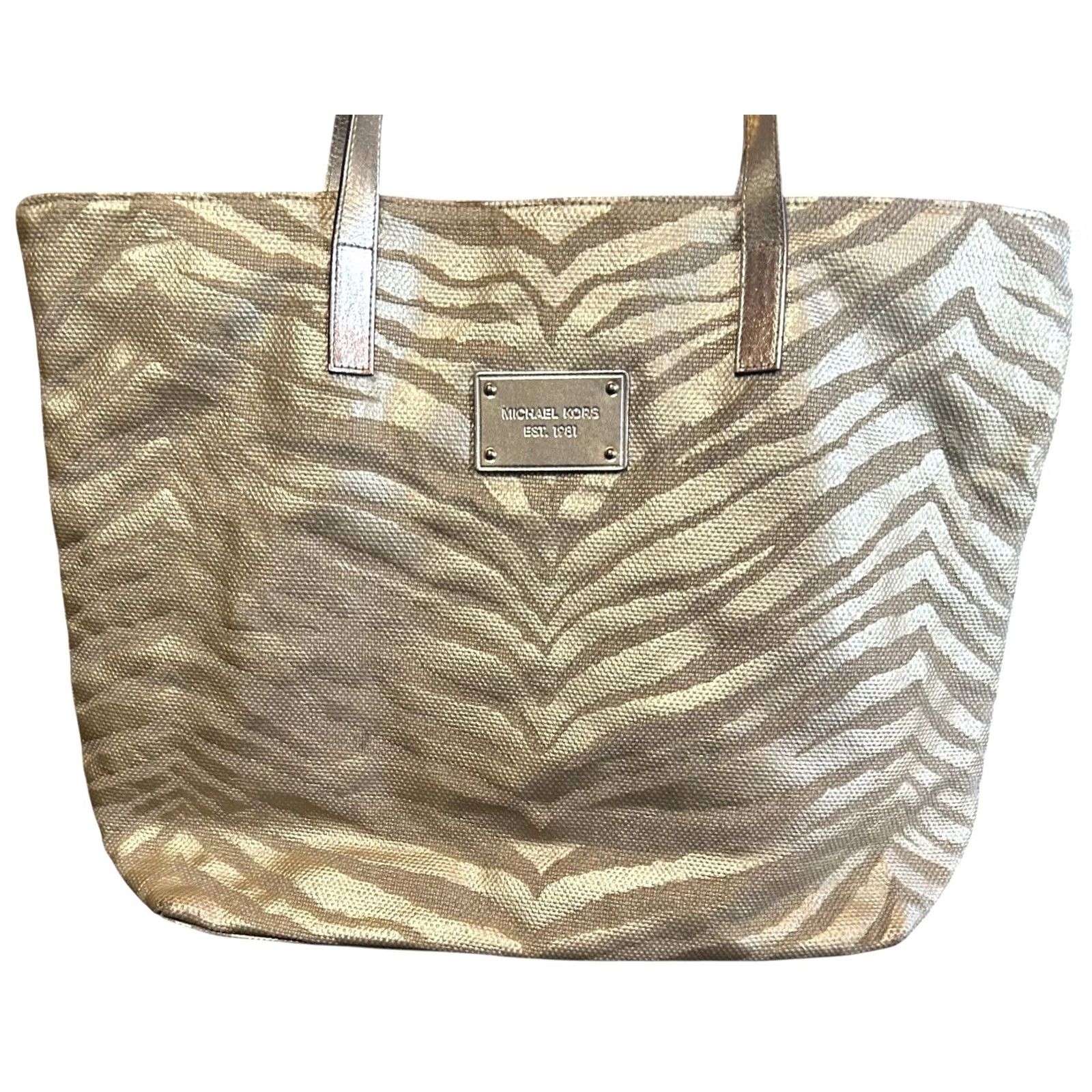 Vintage Michael Kors Gold Zebra Print Canvas Tote Women's Purse Shoulder Hand Bag Size ONE SIZE - 2 Thumbnail