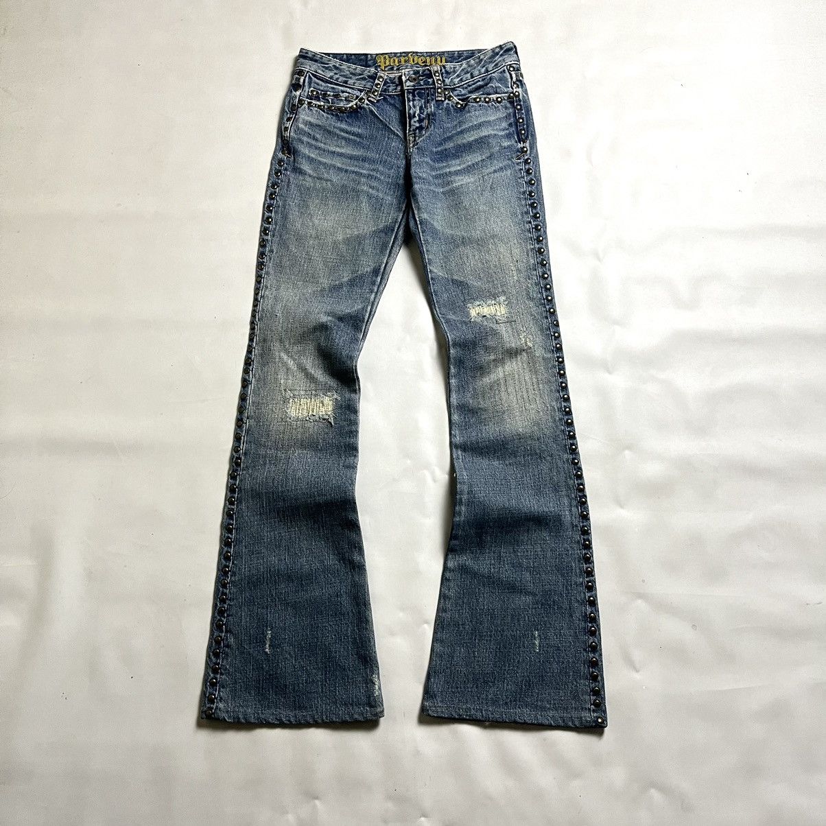 Tornado Mart 🌪️HOT🔥00s Japanese Brand Parvenu Flared studed denim pants Size US 27 - 1 Thumbnail