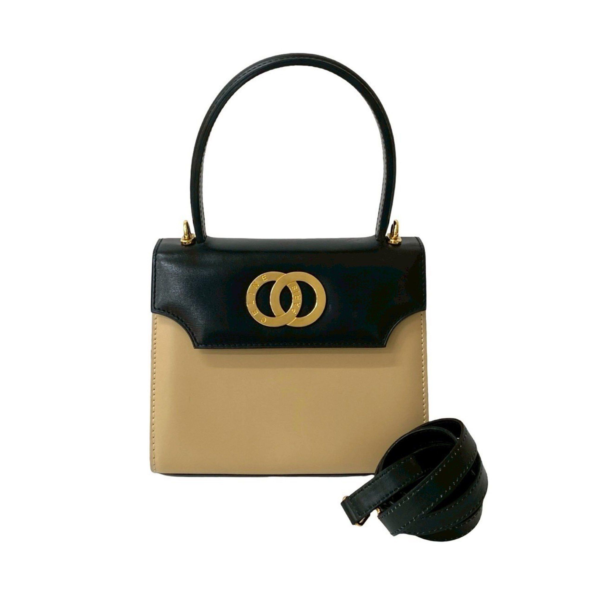 Celine CELINE Circle Logo Hardware Calfskin Leather 2-Way Handbag/Shoulder Bag Black/Beige 32523 Size ONE SIZE - 1 Thumbnail