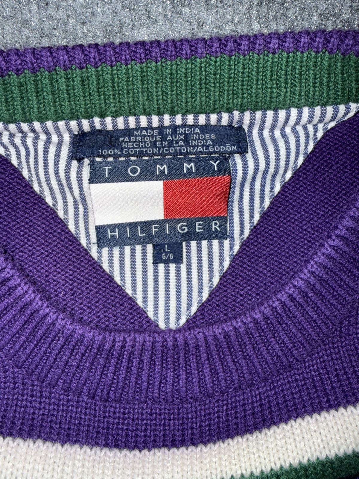 Tommy Hilfiger Vintage Tommy Hilfiger Purple Striped Crest Knit Sweater (L) Size US L / EU 52-54 / 3 - 4 Thumbnail