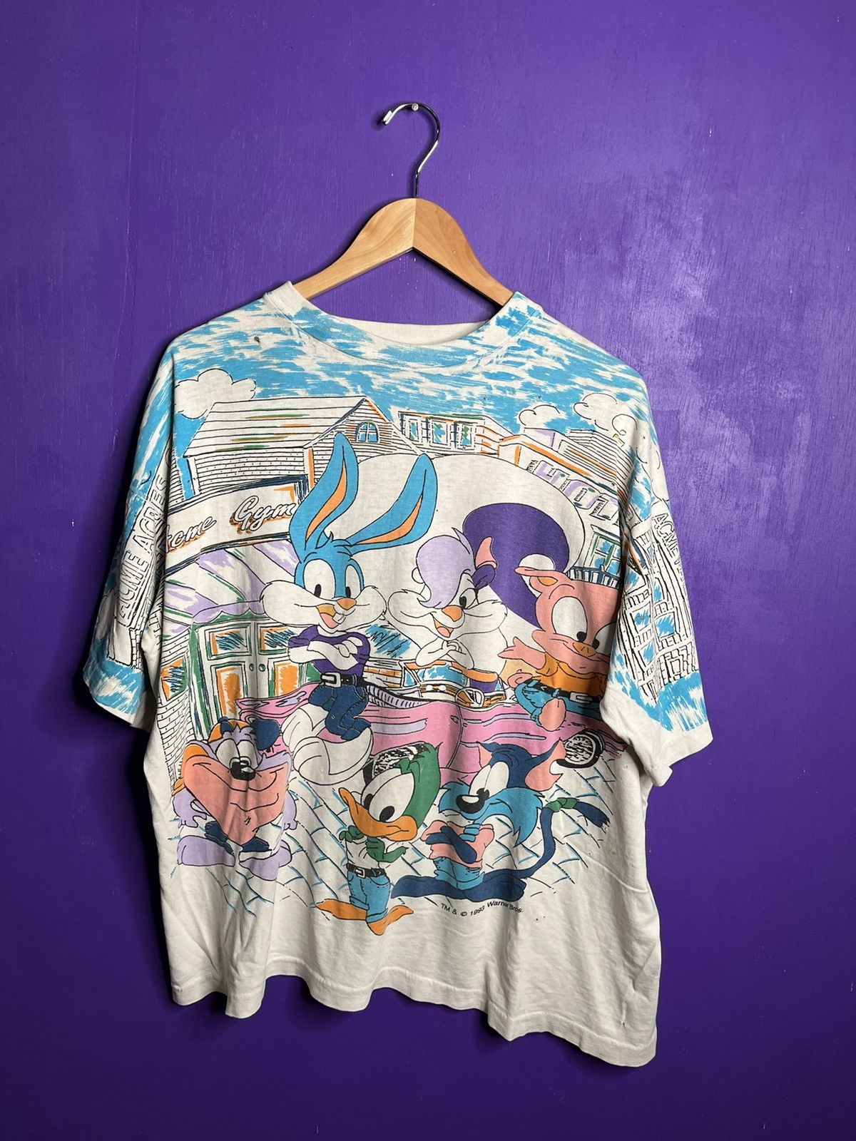 image of Made In USA Vintage 1993 Tiny Tunes Looney Tunes Aop T-Shirt in White, Men's (Size 2XL)