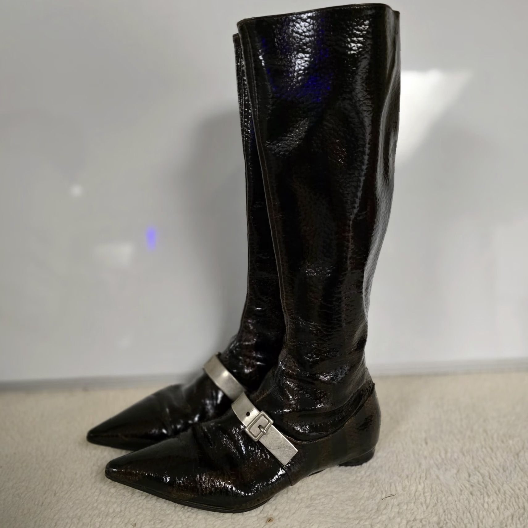 Emporio Armani VINTAGE Emporio Armani Striped Patent Leather Knee High Boots Silver Strap Black 37.5 US 8 Womens Italy Leather Size US 8 / IT 38 - 6 Thumbnail