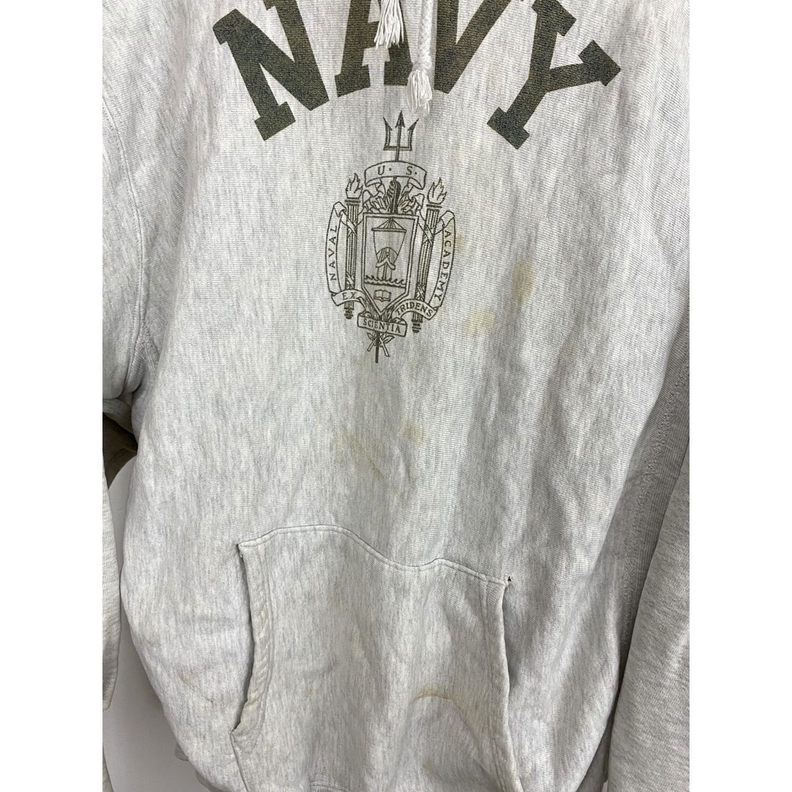 Vintage VTG US Navy Naval Academy Crest Reverse Weave Hoodie Sweatshirt Distressed L USA Hoodie Mens Large Heather Gray Reversible USA Flag Theme Size US L / EU 52-54 / 3 - 7 Thumbnail