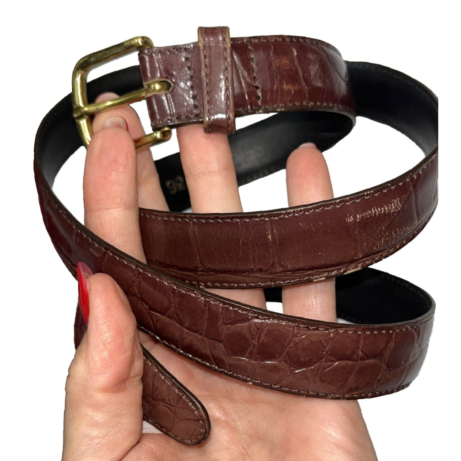 Vintage LEEGIN Belt Women Leather Alligator Brown 1” Wide Brass Buckle Adjustable Vintage? No Vtg Size ONE SIZE - 2 Thumbnail