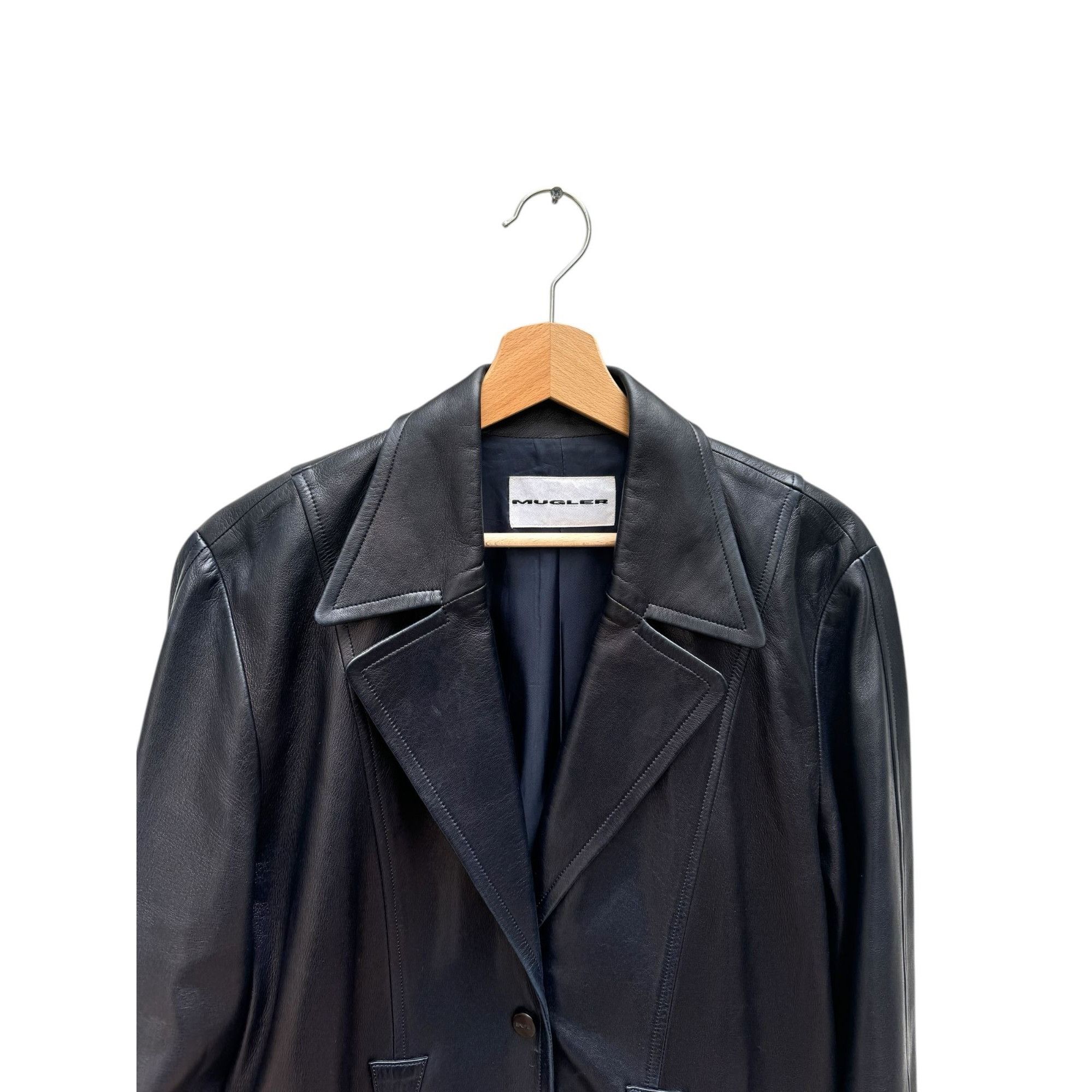 Thierry Mugler 1980s Dark Navy Leather Coat Size L / US 10 / IT 46 - 4 Thumbnail
