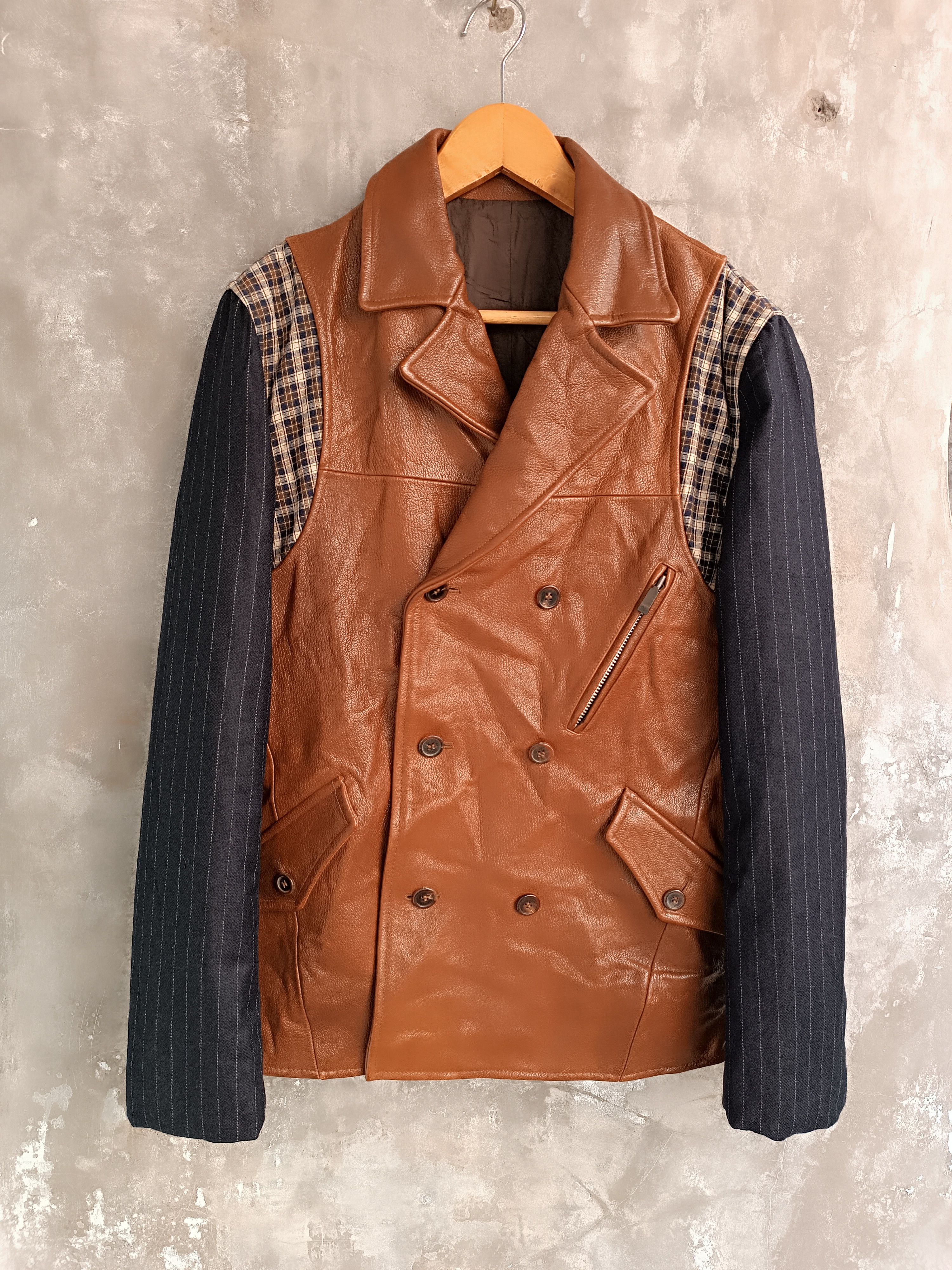 Japanese Brand × Other RARE 🔥 BLAZER JACKET WITH A COMBINATION OF BROWN LEATHER Size 52S - 2 Thumbnail