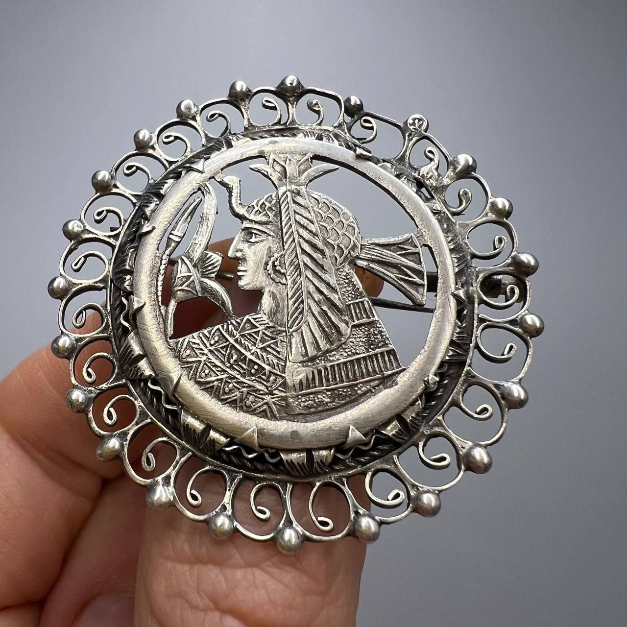 Vintage Brooch Pendant Carved Egyptian Pharaoh Silver 800