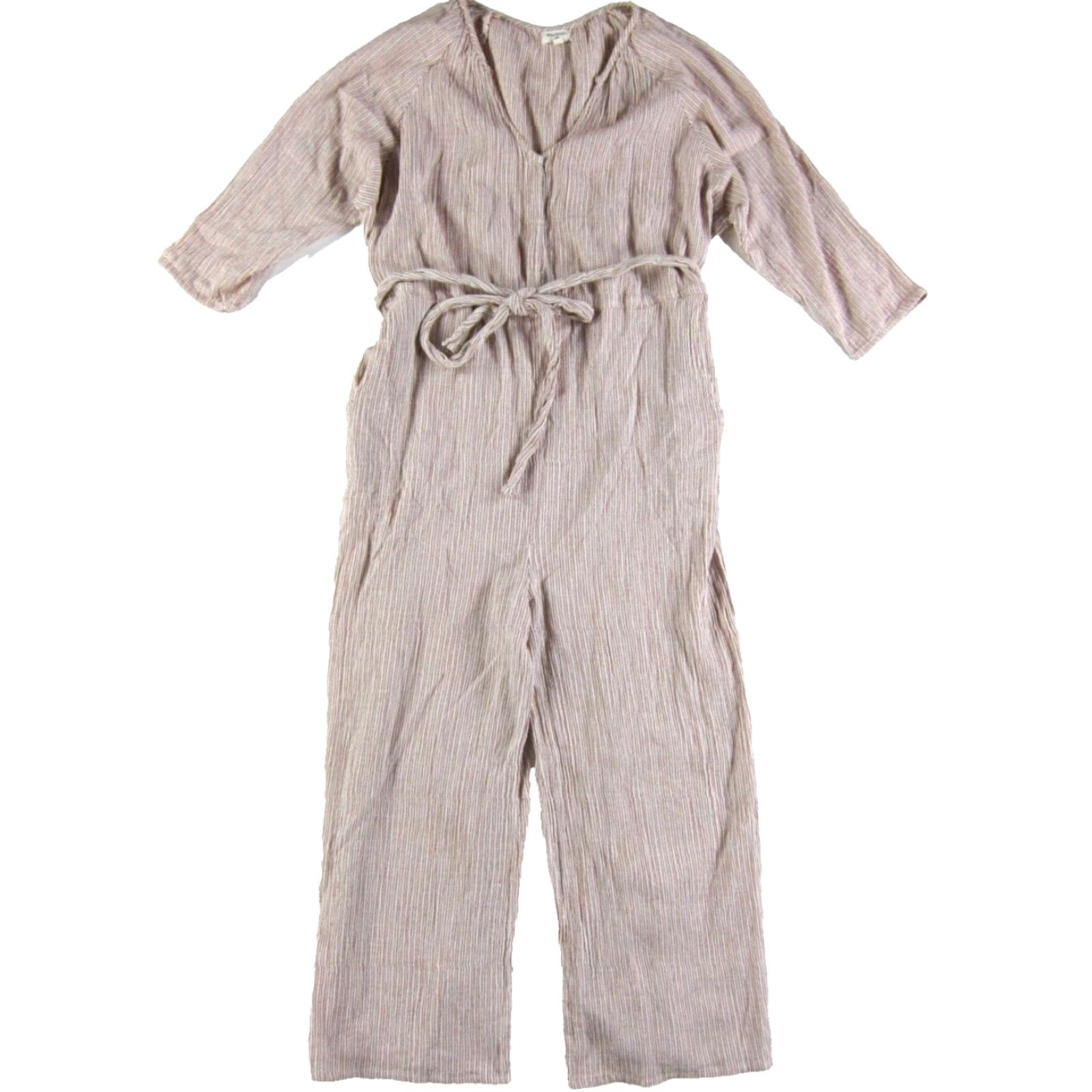 Vintage World Market Jumpsuit Women's Stripe 100% Cotton V-Neck Wide-Leg L-XL Brown Pattern Striped Pocket 50s 60s 70s 80s 90s Clothing Distressed Vintage Size 36" / US 14 / IT 50 - 2 Thumbnail