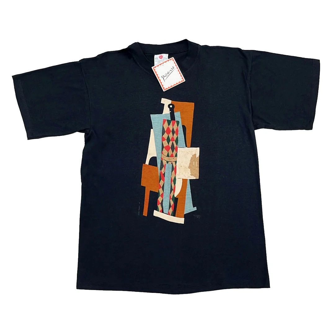 image of 1990S Vintage Harlequin Art Painting Museum T-Shirt in Black, Men's (Size Large)