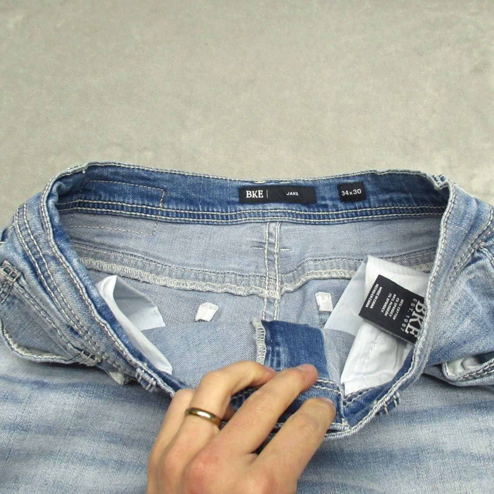 BKE BKE Jake Jeans Men 34 Light Wash Denim Bootcut 33x29 Whisker Distressed Pockets Stretch Cotton Blend Blue Denim Jeans Mens Size US 34 / EU 50 - 7 Thumbnail