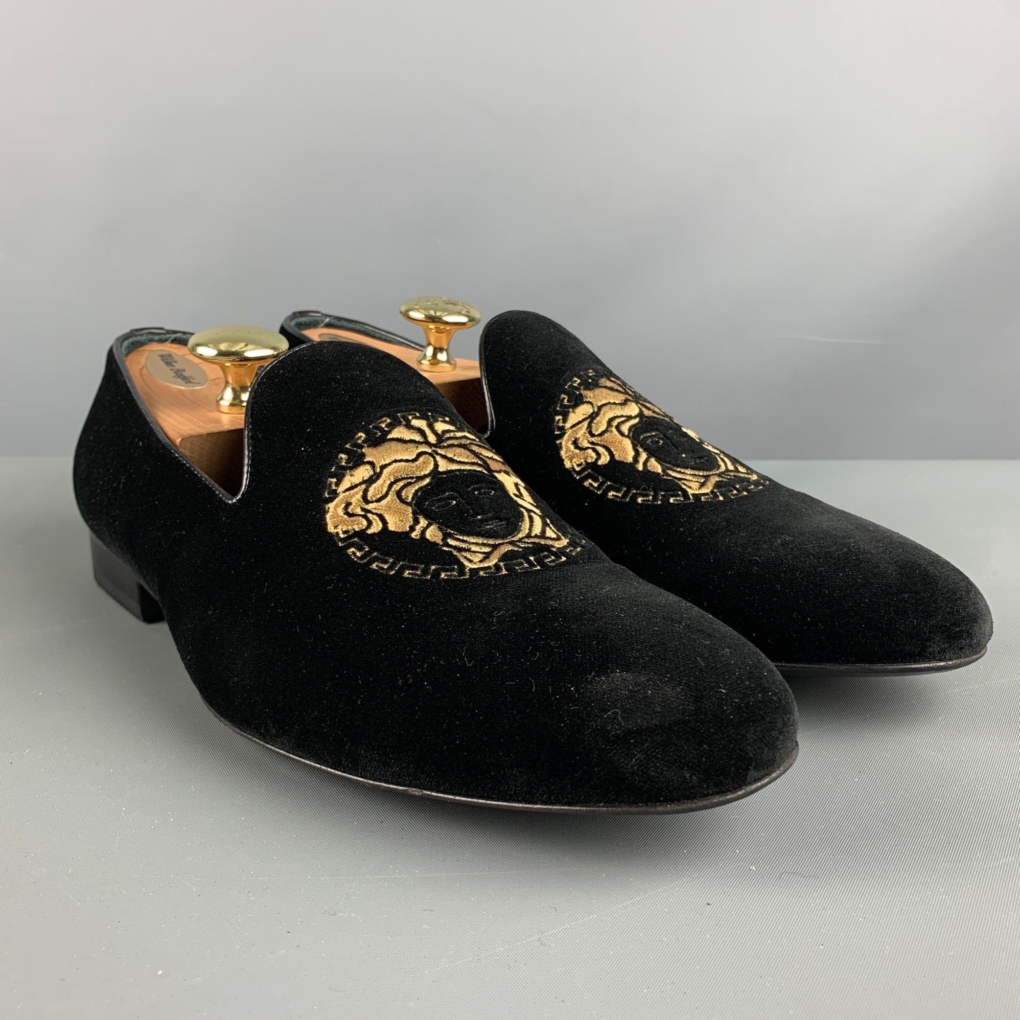 image of Versace Black Gold Embroidery Velvet Slip On Loafers, Men's (Size 9)
