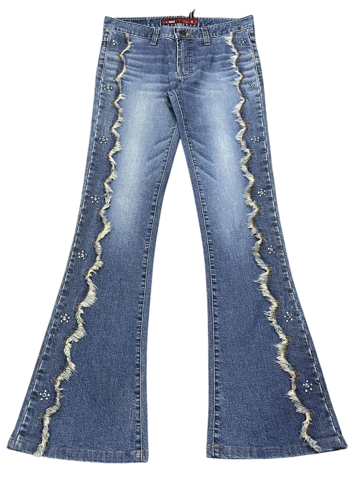 Fragment Design UNIFEEL Gemstones Studded Frayed Stretch Denim Flare Jeans Size 28" / US 6 / IT 42 - 1 Thumbnail