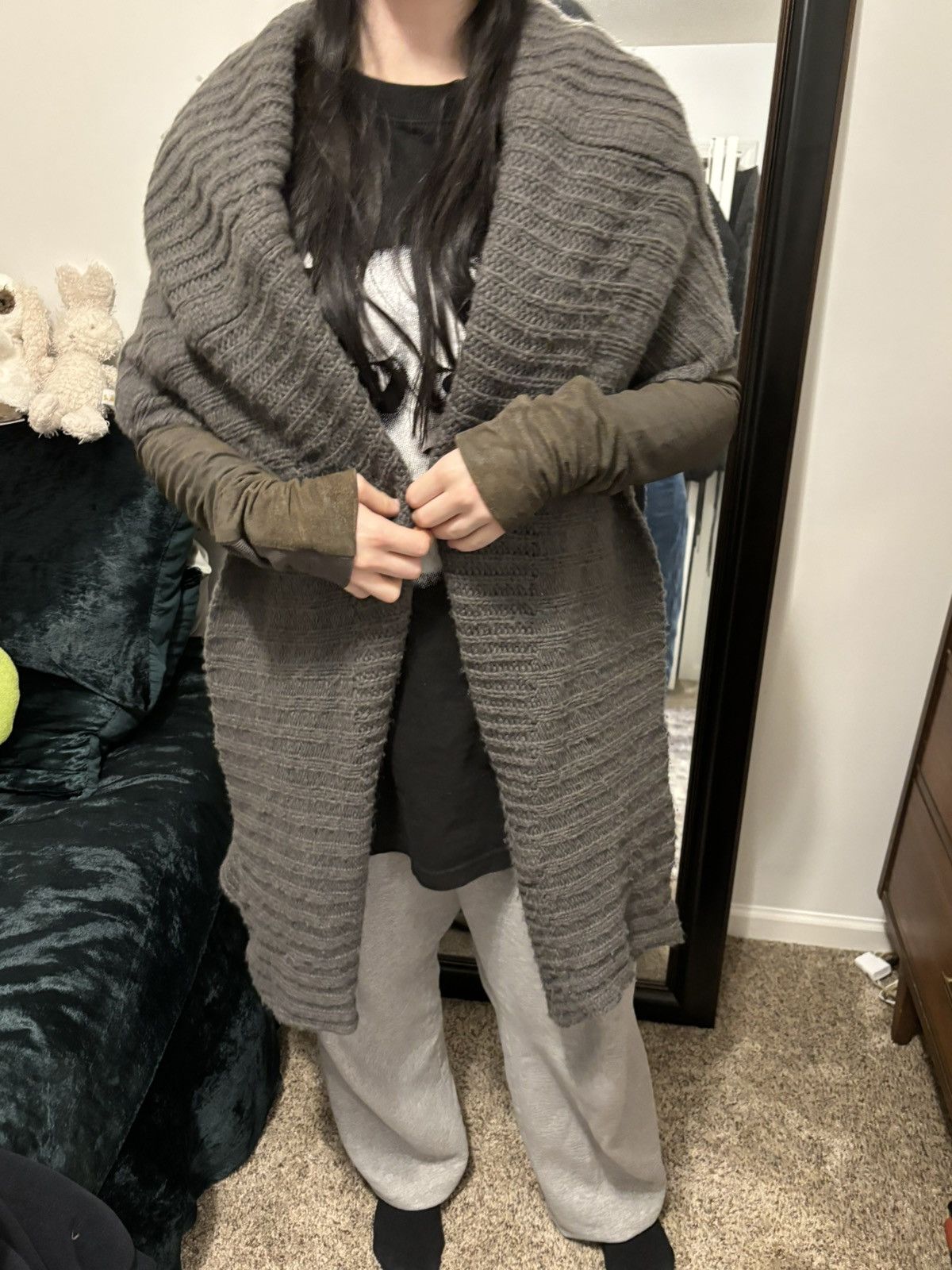 Rick Owens Rick Owens AW11 Limo Leather Sleeve Knit Waterfall Cardigan Size L / US 10 / IT 46 - 10 Thumbnail