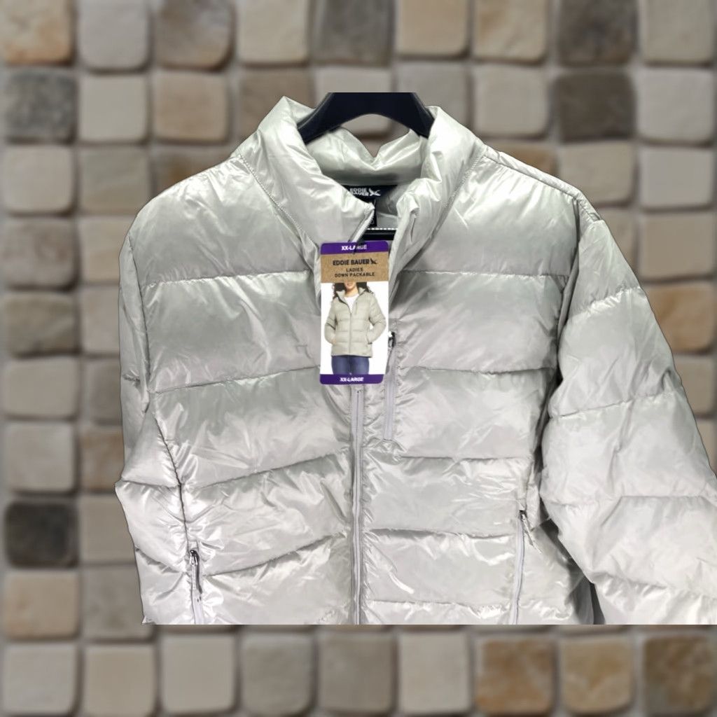 Eddie Bauer Down Puffer Jacket Coat Women Size 2XL Silver Full Zip Packable NWT