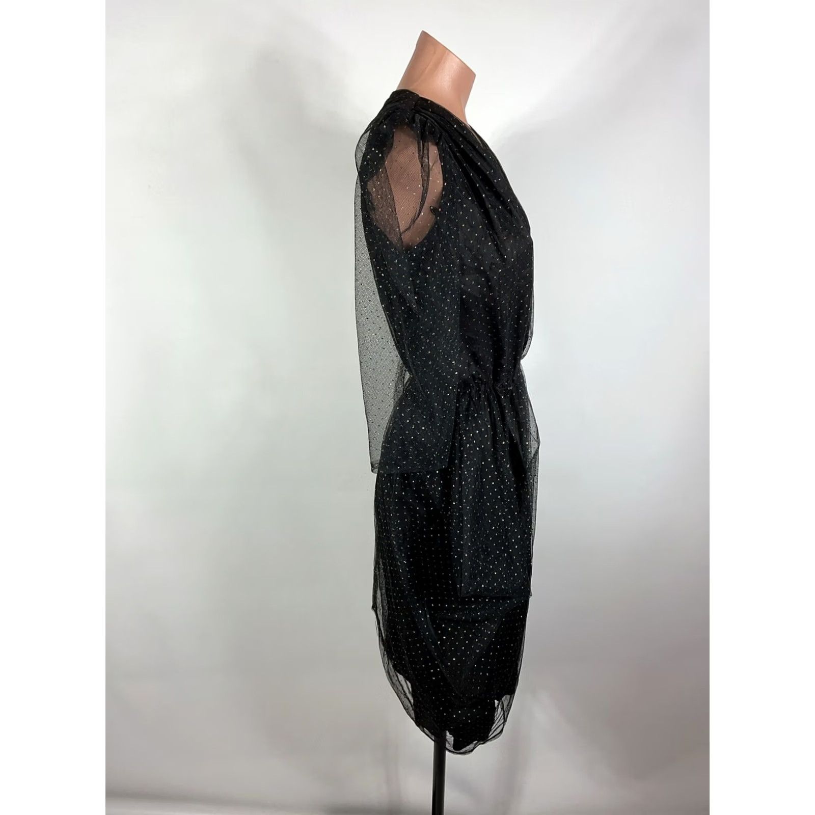 Vintage VINTAGE 80s Tulip Hem Black Glitter Dress Puffy Sleeve Mini Dress S/M Prom Party Glenrob LTD Lamé Glam Rock Womens Size S / US 4 / IT 40 - 6 Thumbnail