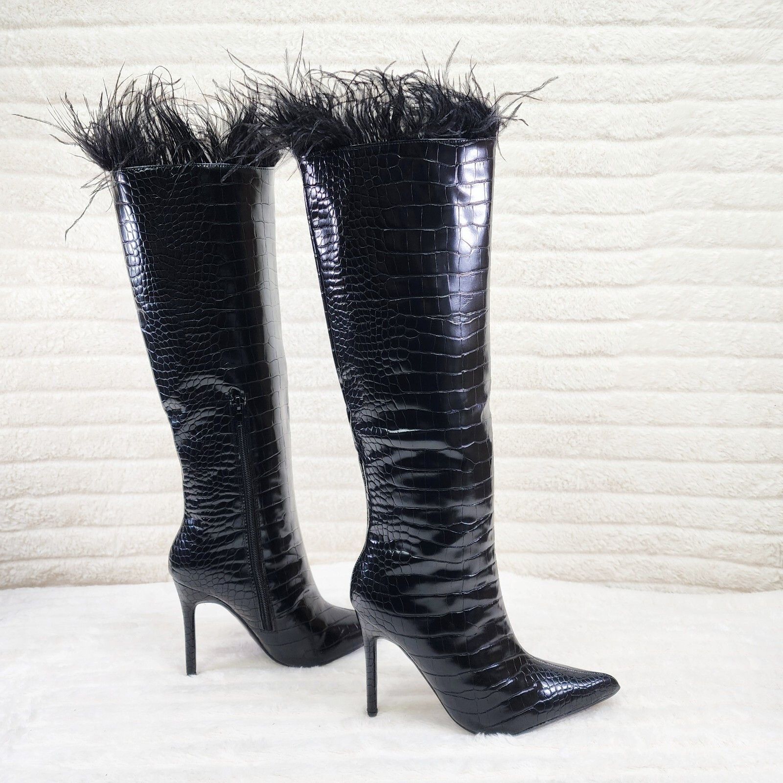 Flirty Black Snake Texture Knee High Heel Stiletto Boots Sex
