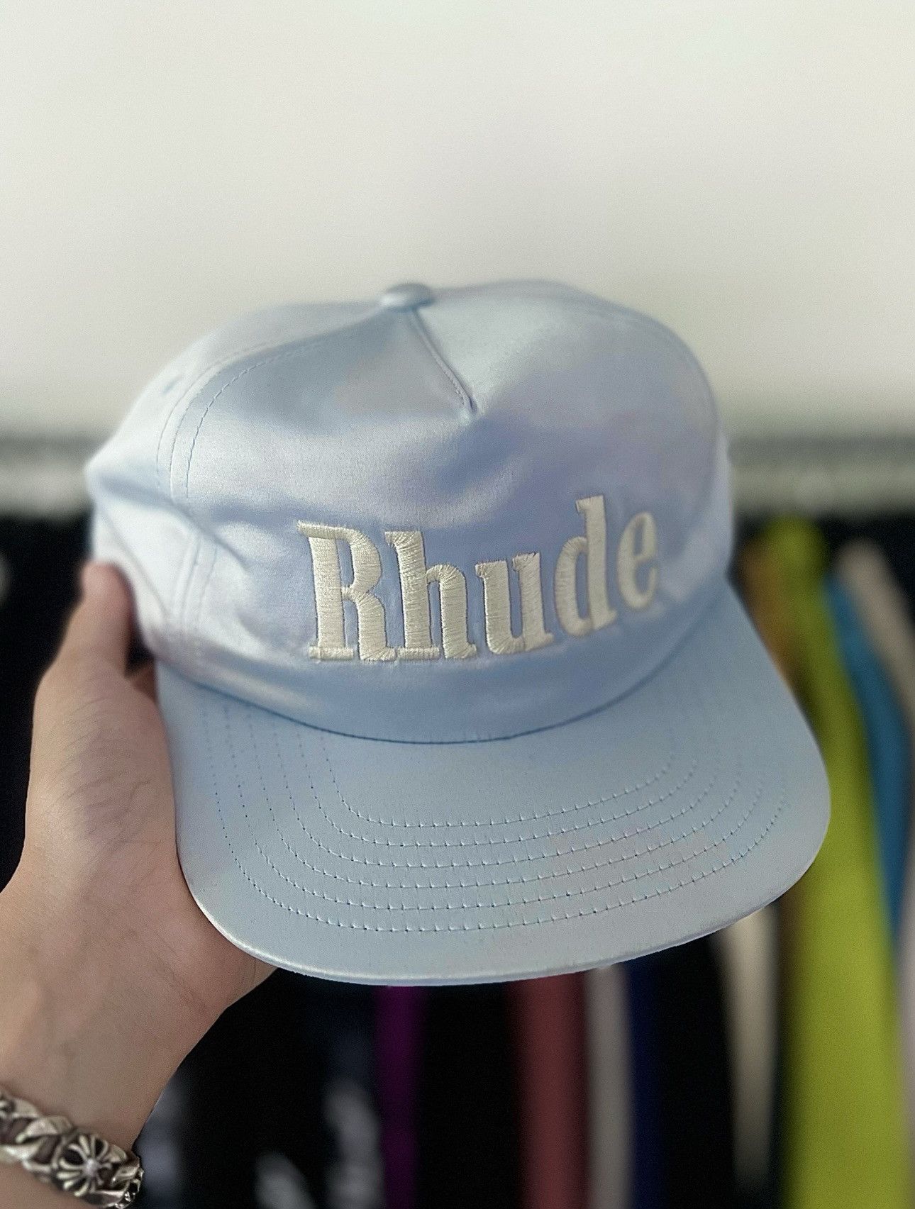 image of Rhude Silk Satin Logo Hat in Blue, Men's