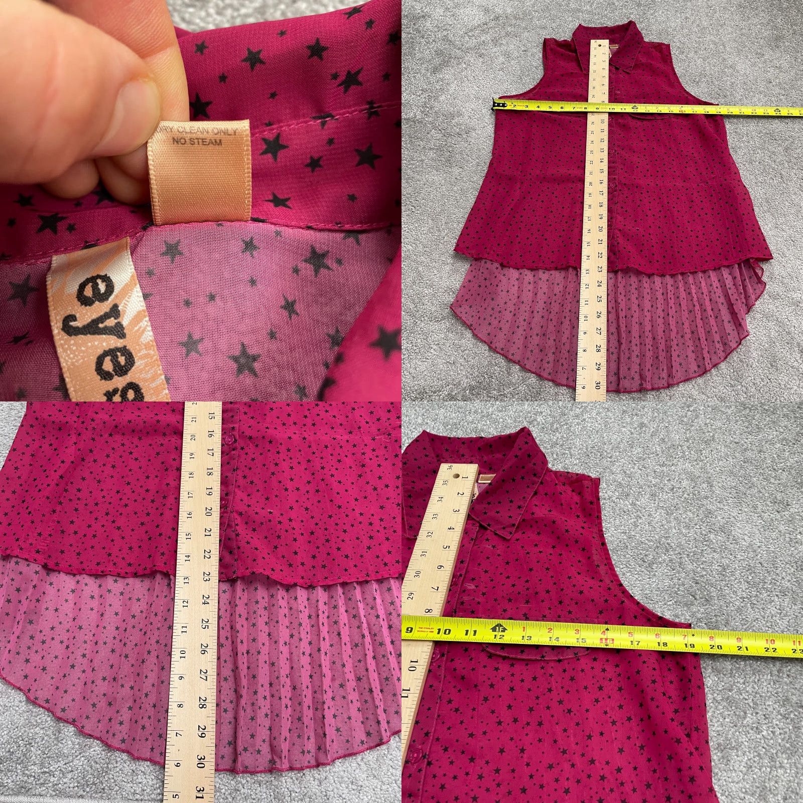 Pinko Eyeshadow Shirt Womens Large Pink Stars Button Down Pleated Sheer Hi-Lo Casual Sleeveless, Regular Fit, Color Pink, Polyester, Button, Chiffon, Lazy? Size L / US 10 / IT 46 - 8 Thumbnail