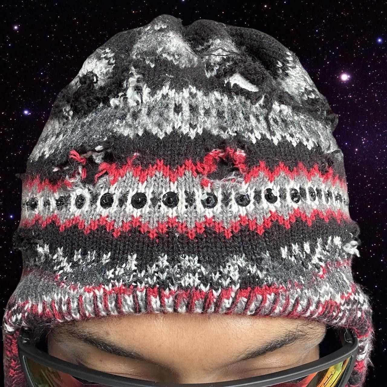 Vintage ASTROBOI* Black Sequin Fair Isle Braided Grunge Trapper Hat Size ONE SIZE - 2 Thumbnail