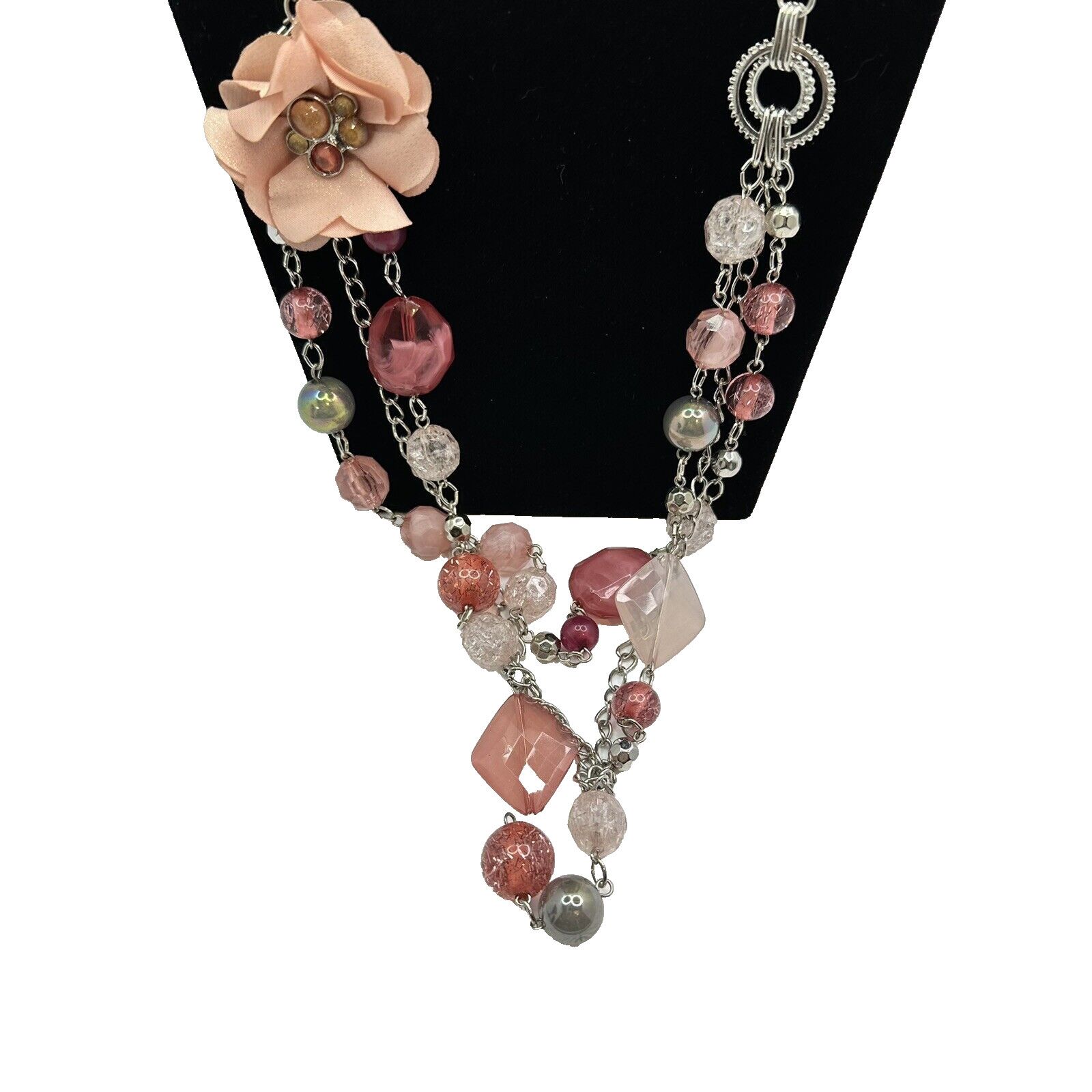 Other NY Pink Dangle Necklace 30" Beads Link Chain Flower AB Beads Size ONE SIZE - 1 Thumbnail