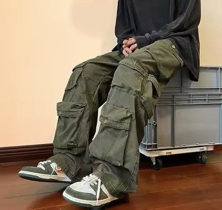 Japanese Brand Olive Green Baggy Cargo Pants - Y2K Skate Streetwear Size US 34 / EU 50 - 6 Thumbnail