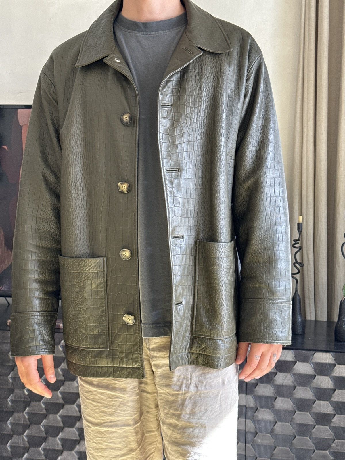 image of Opening Ceremony Croc Embossed Buttons Leather Jacket in Green, Men's (Size Medium)