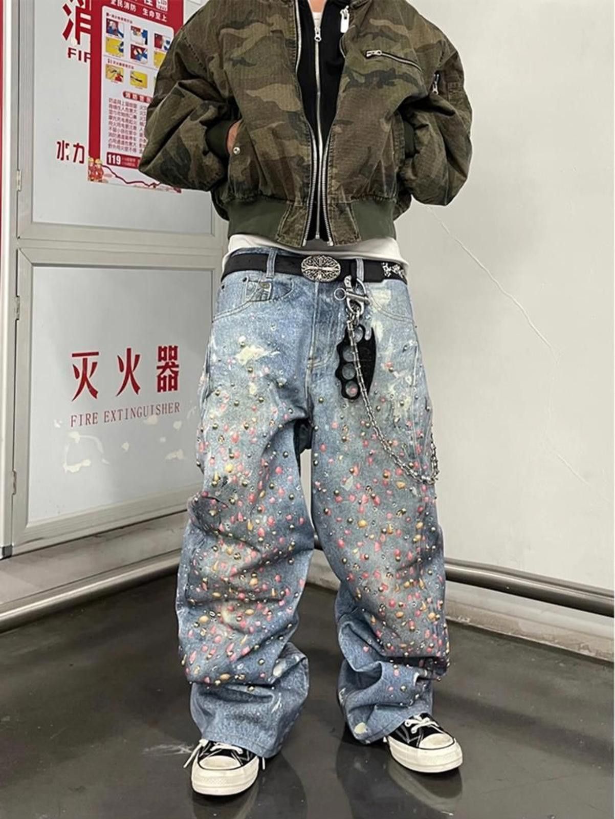 Jean Light Blue Baggy Denim Jeans with Paint Splatter and Studs Size US 32 / EU 48 - 1 Thumbnail