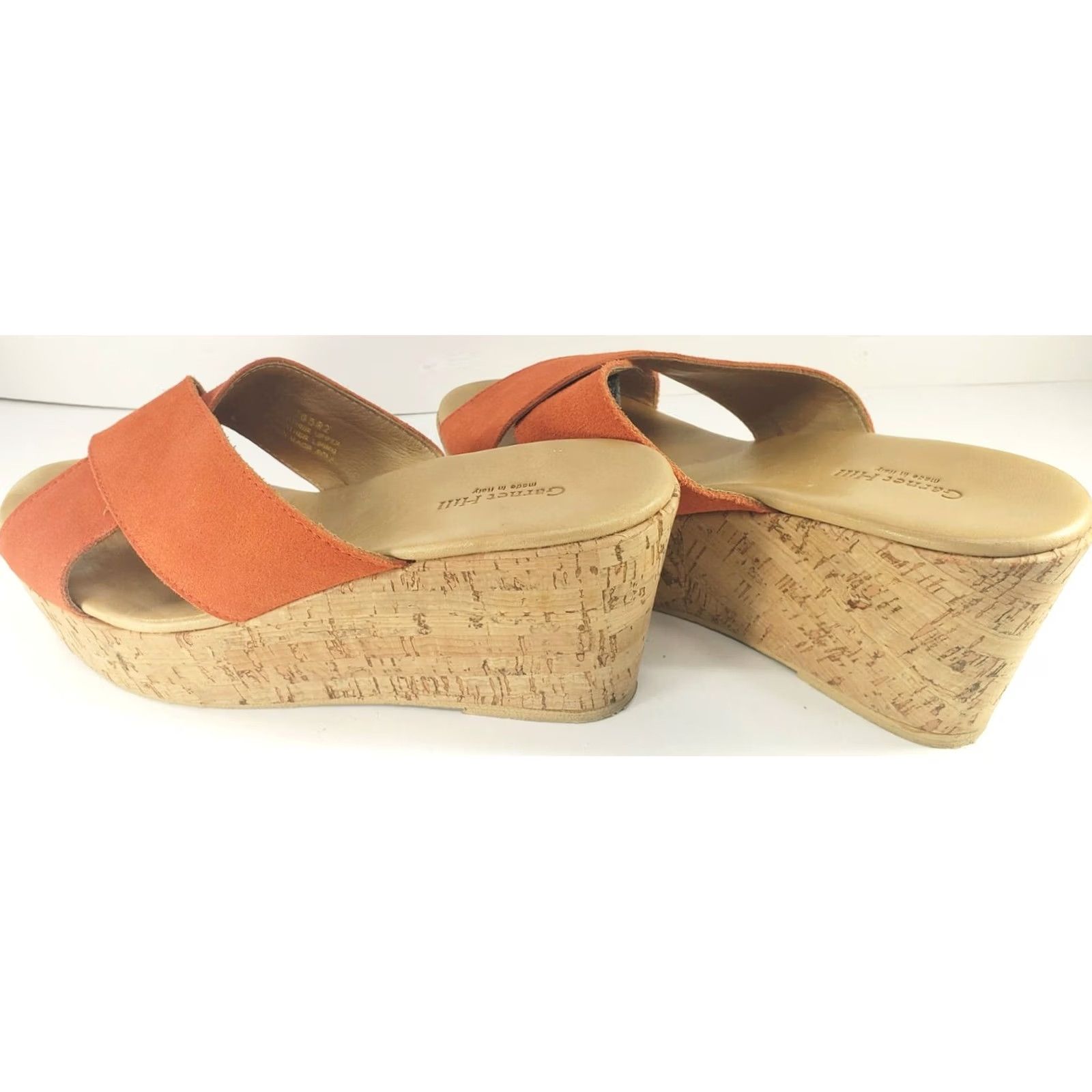 Vintage Garnet Hill Orange Canvas Cork Wedge Sandals 9M Leather Insoles Slip On Women Size US 9 / IT 39 - 5 Thumbnail