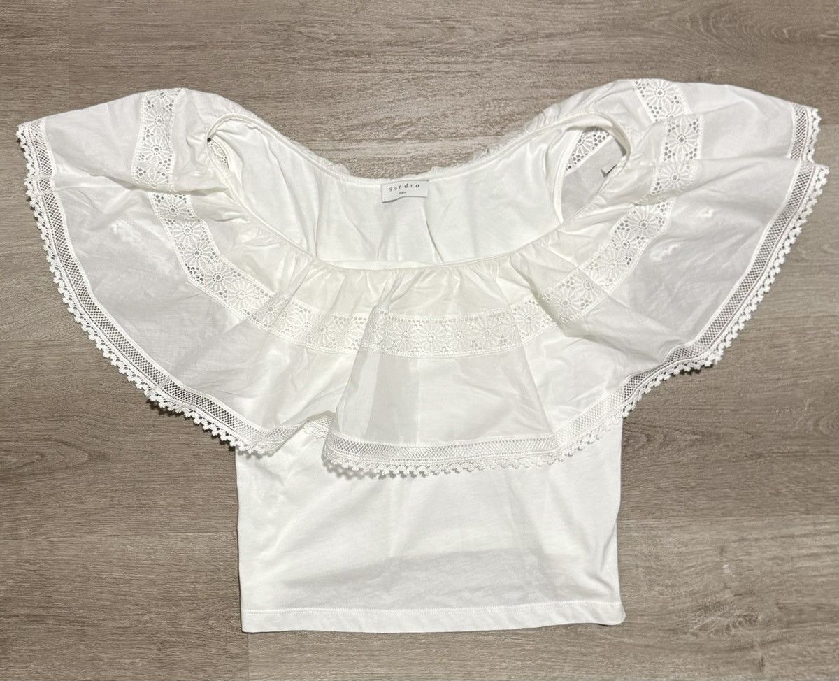 Sandro Sandro White Lace Ruffle Off-Shoulder Crop Top (S) Size S / US 4 / IT 40 - 2 Thumbnail