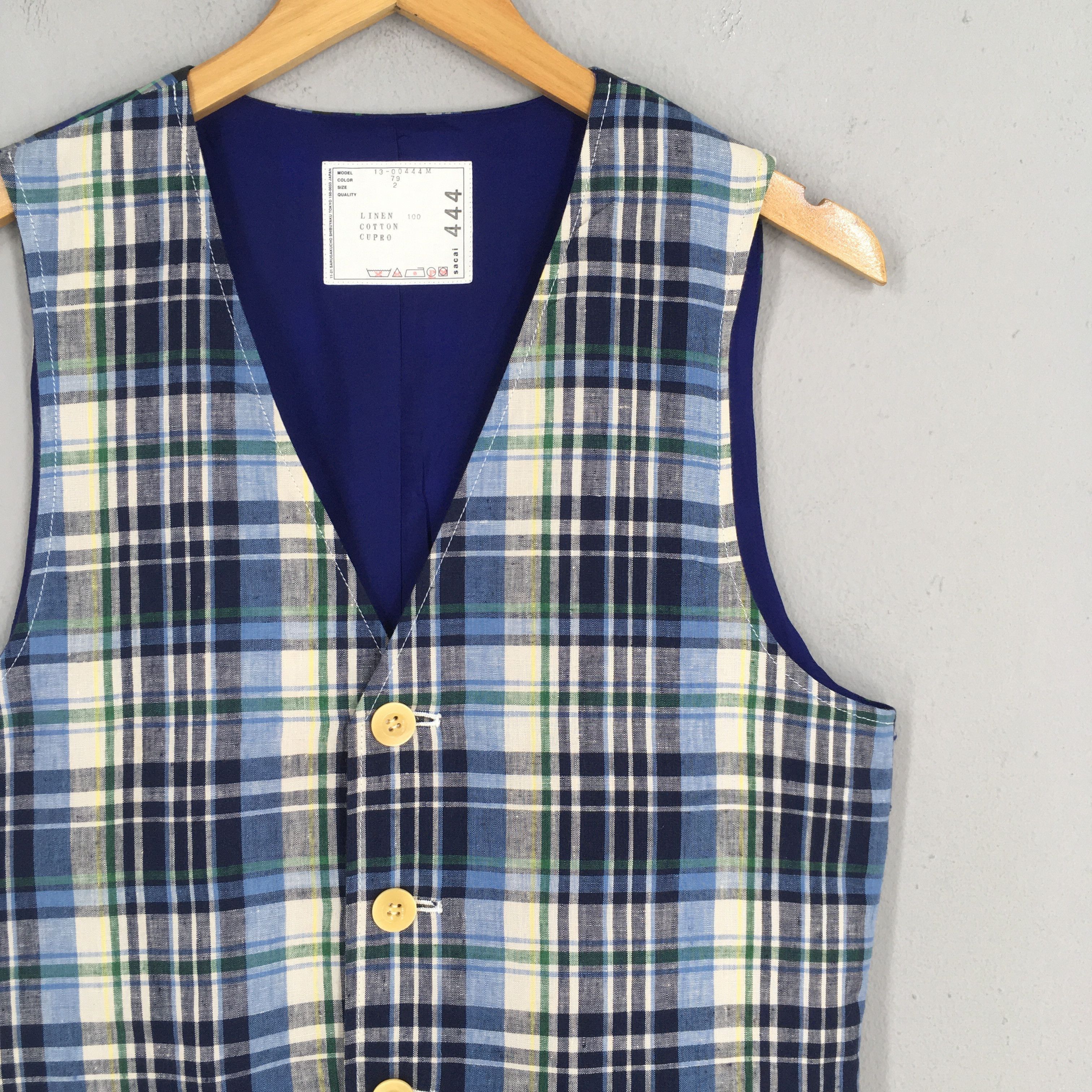 Sacai Sacai Japan Tartan Plaid Blue Linen Vest Jacket Size 2 Size US M / EU 48-50 / 2 - 2 Thumbnail