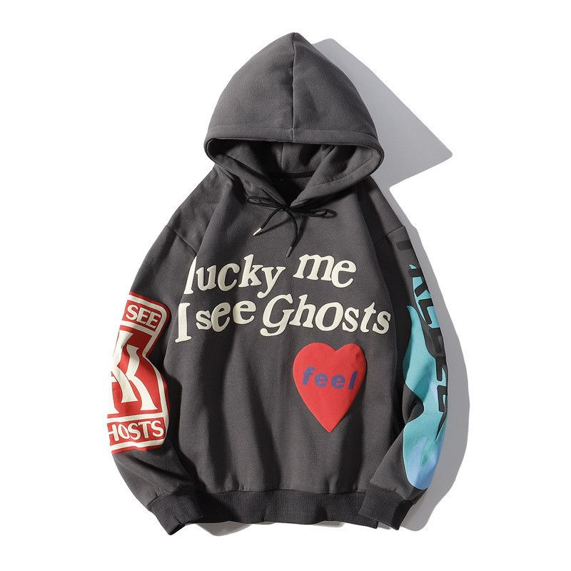image of Vintage Gray Color Lucky I M See Ghost Hoodie in Grey, Men's (Size Large)